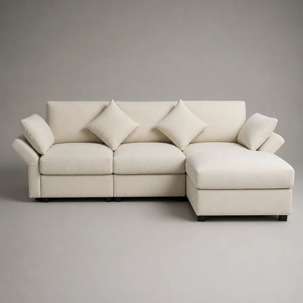 Divano angolare a L 3 posti con penisola destra in poliestere beige crema, 260 x 160 x 85 cm