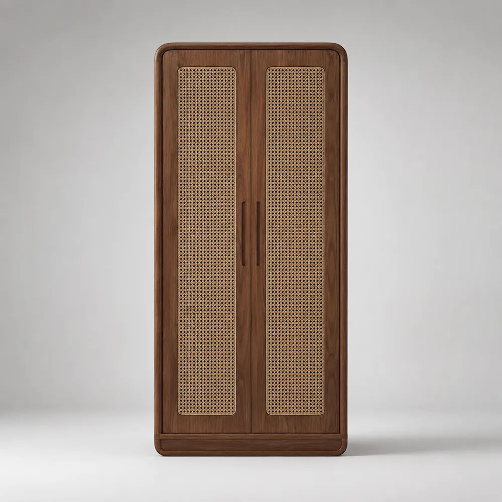 Armadio guardaroba a 2 ante in frassino e rattan marrone noce e naturale, 90 x 45 x 190 cm