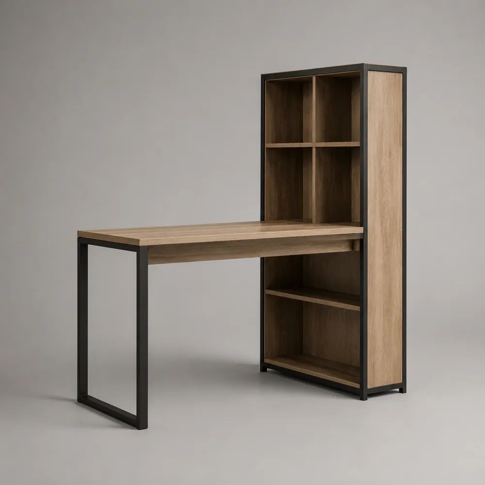 Scrivania da interno con libreria integrata in legno e acciaio, rovere e nero, 120 x 60 x 170 cm