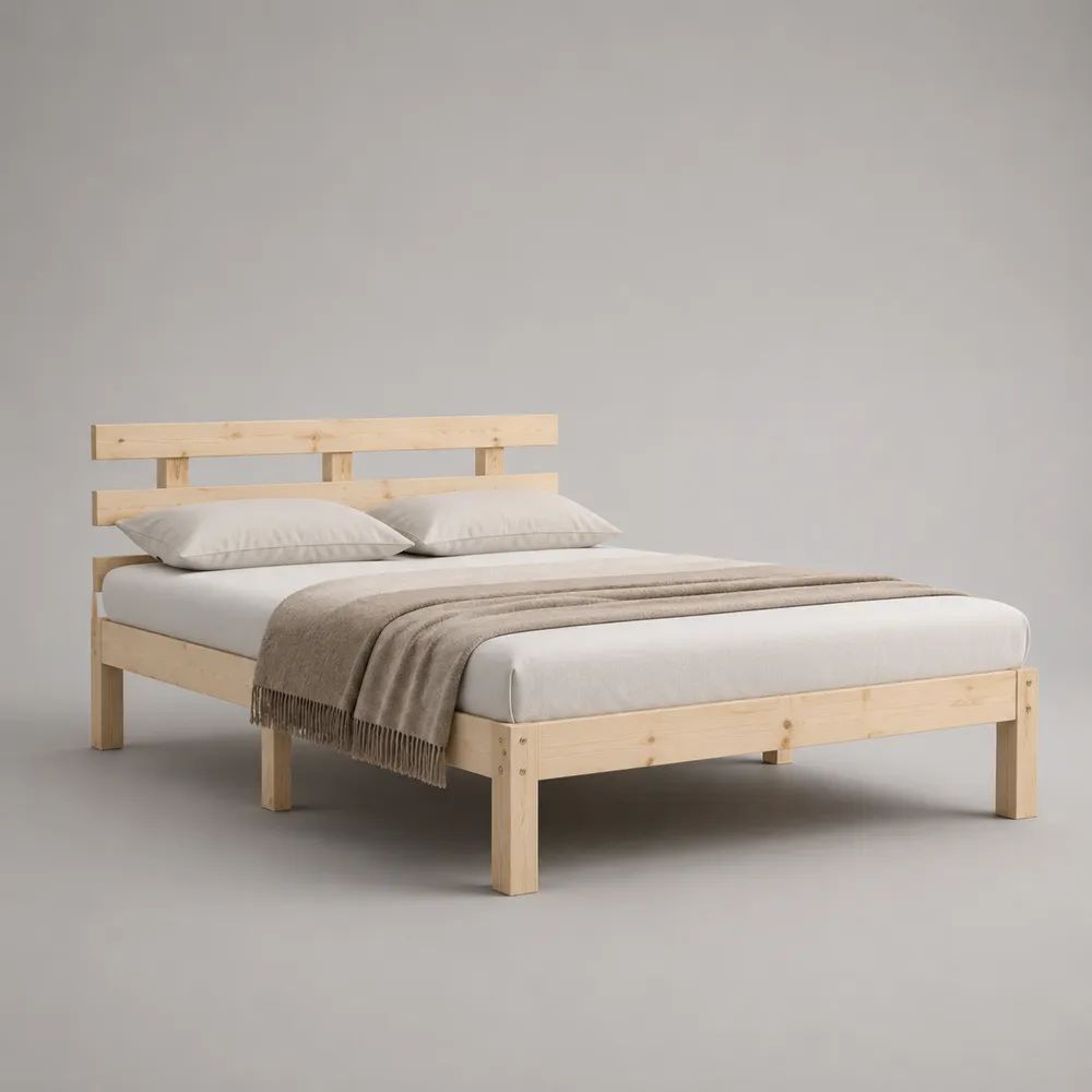 Letto matrimoniale 160 x 200 cm in pino massello naturale con testiera e rete a doghe