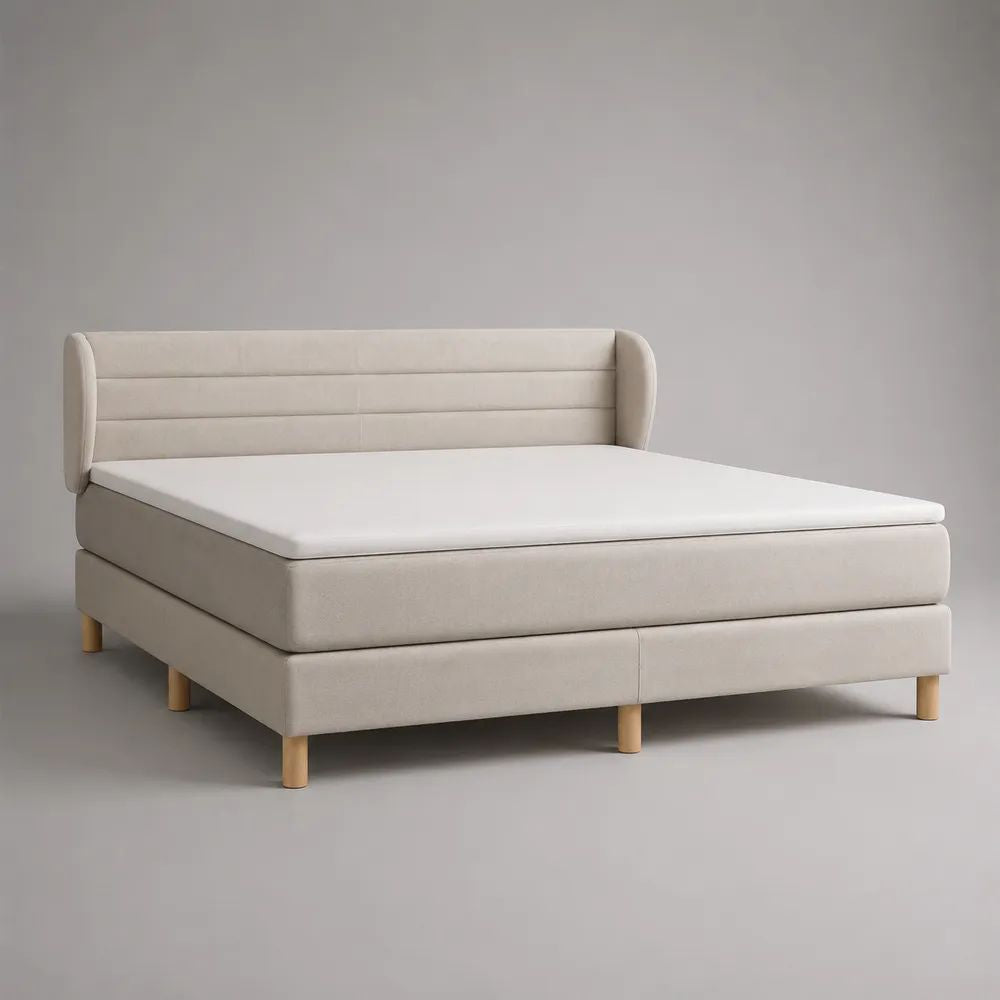 Letto matrimoniale boxspring imbottito beige 180 x 215 x 105 cm, piano di riposo 160 x 200 cm, con materasso, sovramaterasso e testiera