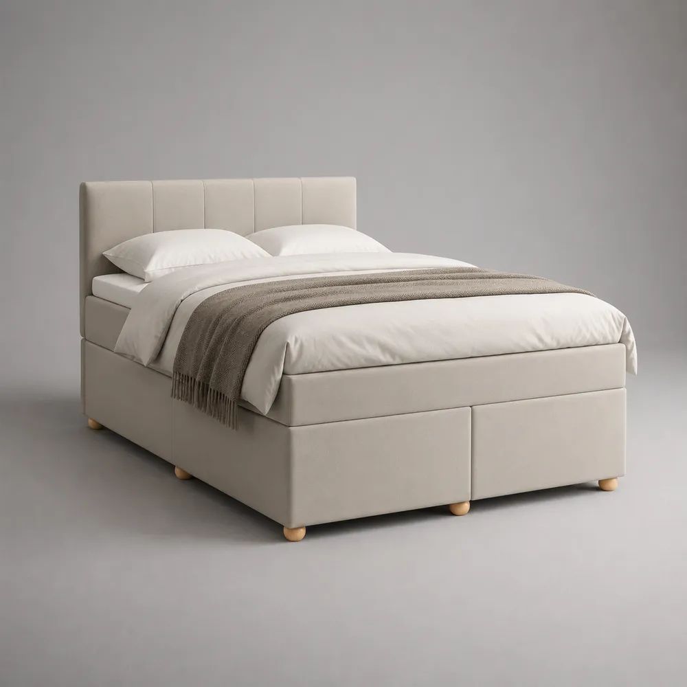 Letto matrimoniale imbottito in poliestere beige con testiera e base divisibile, 160 x 200 cm