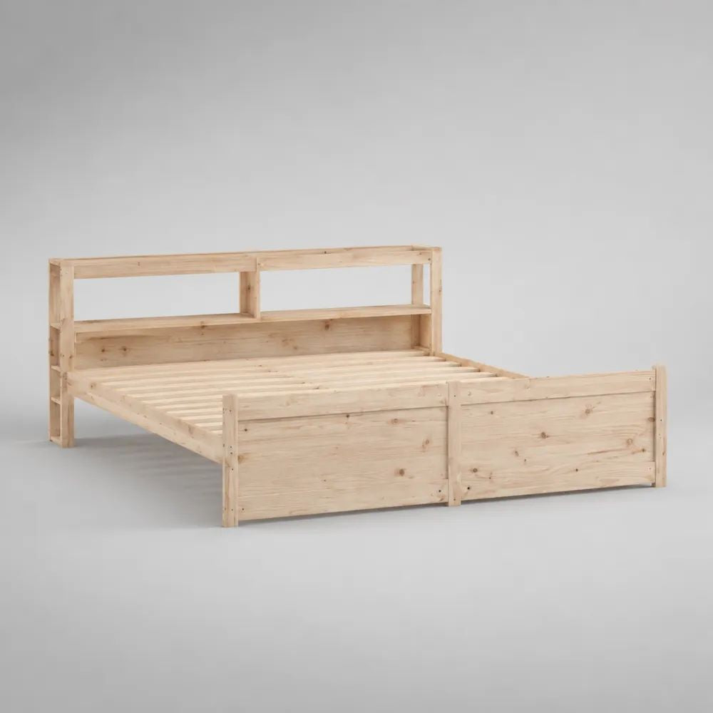 Struttura letto matrimoniale in legno massello di pino naturale con doghe e testiera a vani, 169 x 218 x 115 cm, per materasso 160 x 200 cm