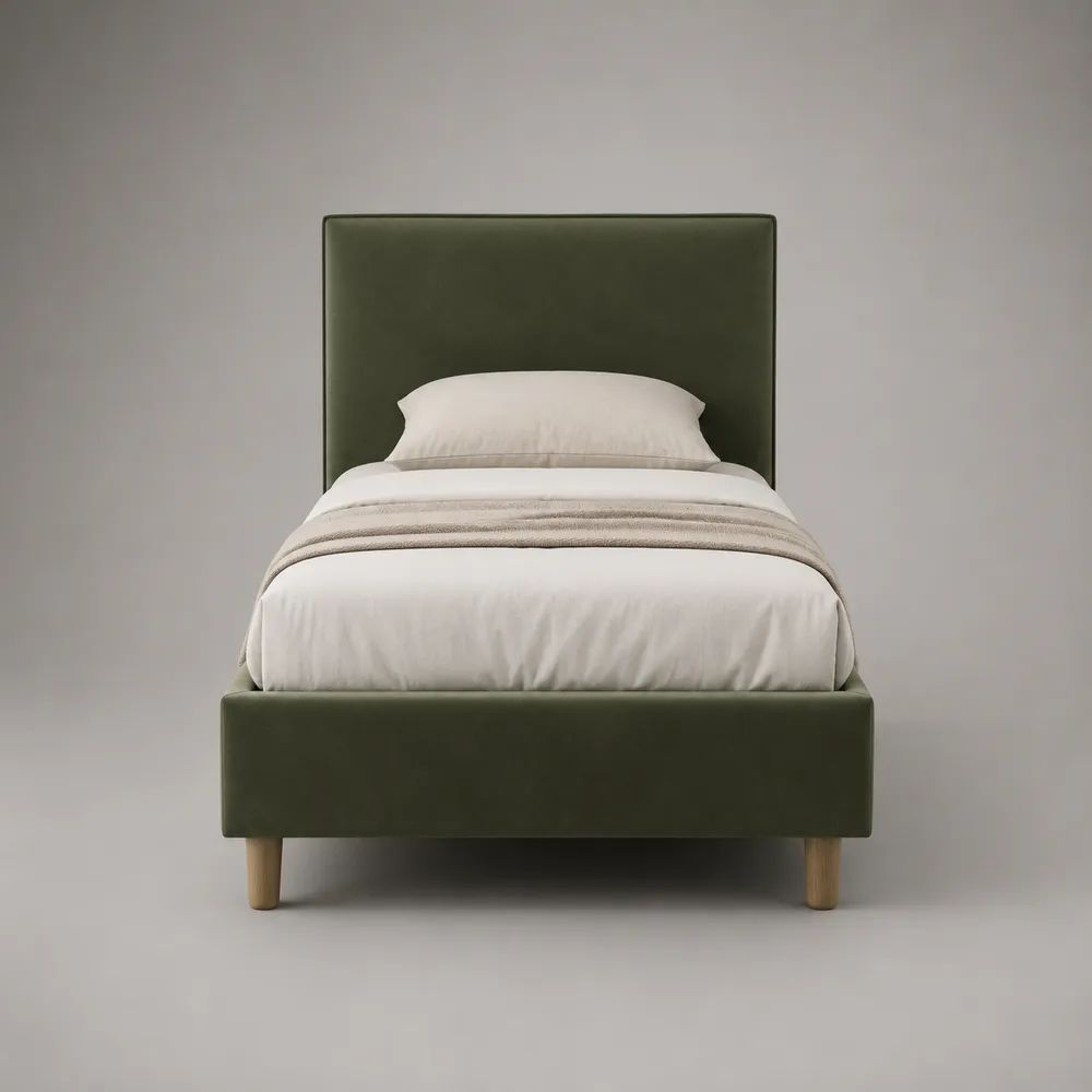Letto singolo imbottito verde oliva con rete a doghe, 100 x 210 x 120 cm, per materasso 90 x 200 cm