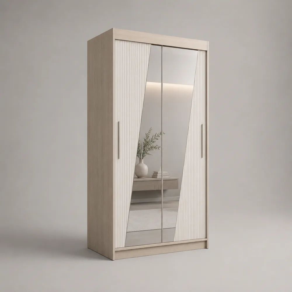 Armadio guardaroba rettangolare a 2 ante scorrevoli con specchio, pannelli truciolari e MDF, rovere chiaro e bianco, 120 × 60 × 200 cm