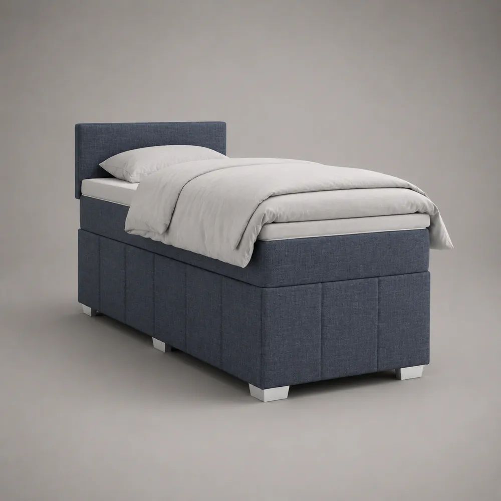 Letto boxspring singolo 90 x 200 cm con materasso, testiera imbottita e rivestimento in tessuto blu