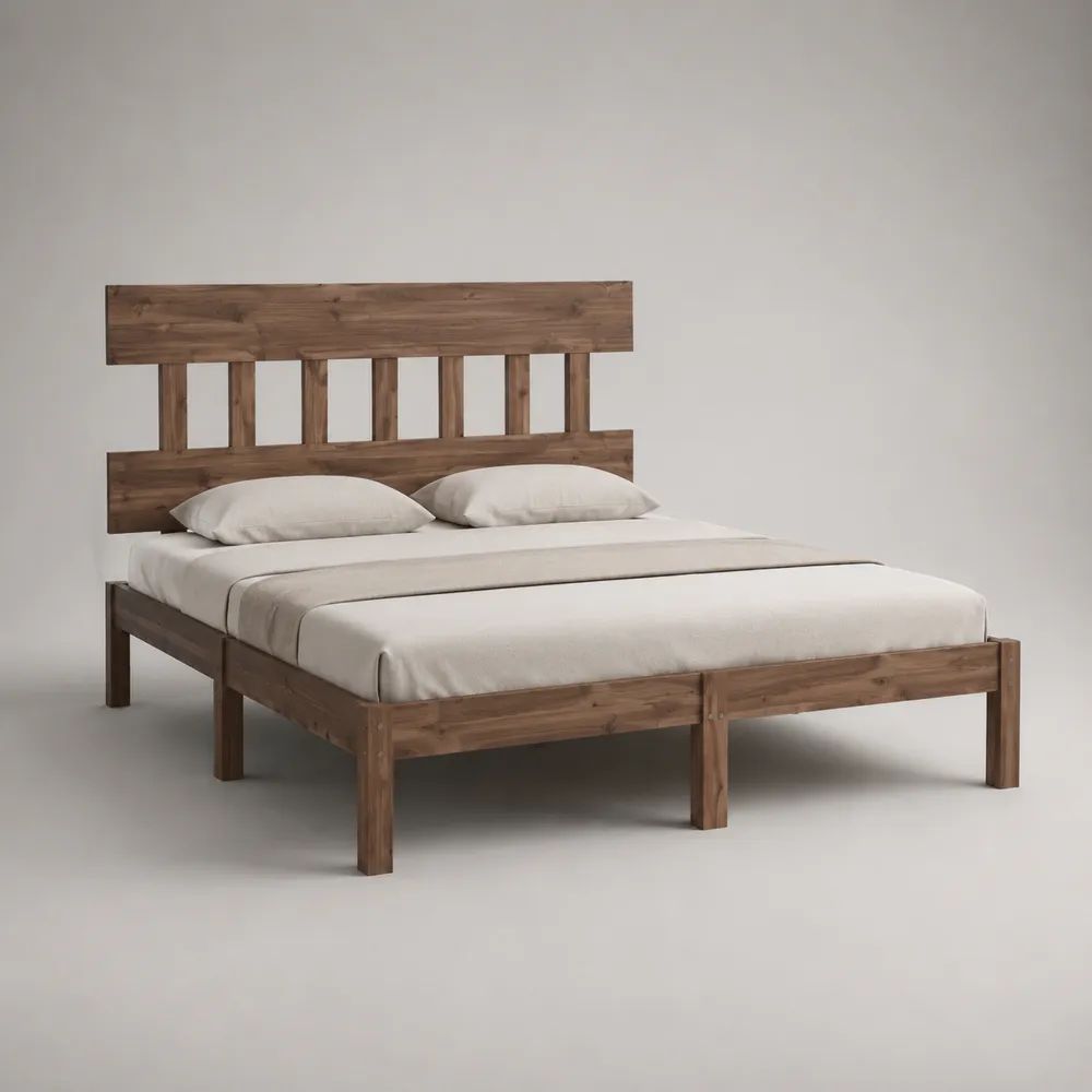 Letto matrimoniale in legno marrone 160 x 200 cm con testiera e rete a doghe, dimensioni 168 x 208 x 110 cm