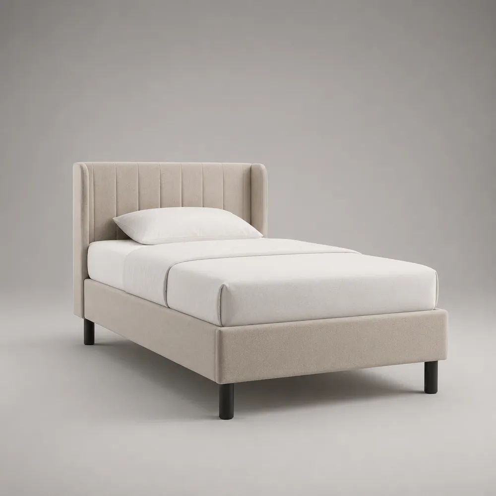 Letto singolo imbottito 90 x 200 cm in tessuto beige con testiera, rete a doghe e gambe nere, 106 x 215 x 110 cm