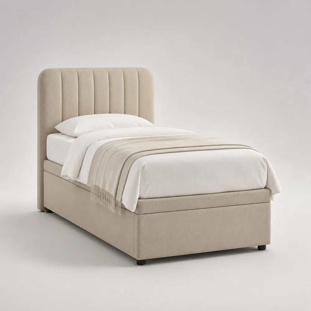 Letto singolo imbottito 90 x 200 cm in tessuto beige con testiera a canali verticali