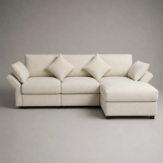 Divano angolare a L 3 posti con penisola destra in poliestere beige crema, 260 x 160 x 85 cm