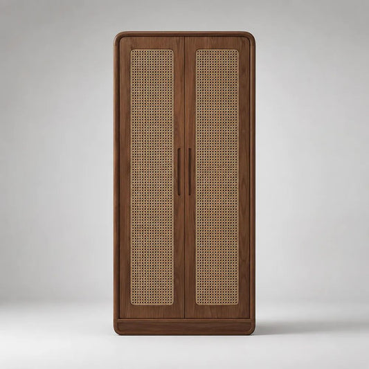 Armadio guardaroba a 2 ante in frassino e rattan marrone noce e naturale, 90 x 45 x 190 cm