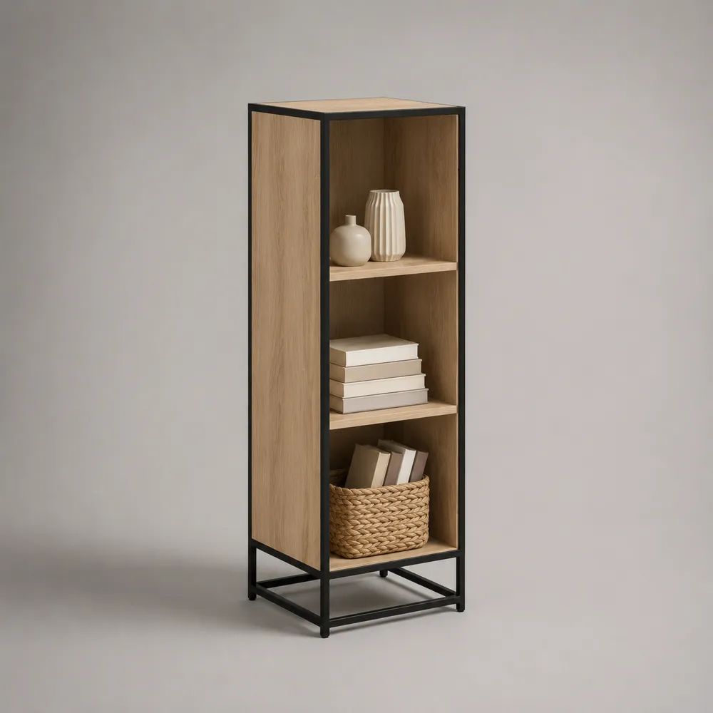 Libreria a colonna in legno e acciaio con 3 vani, rovere naturale e nero, 40 × 35 × 120 cm