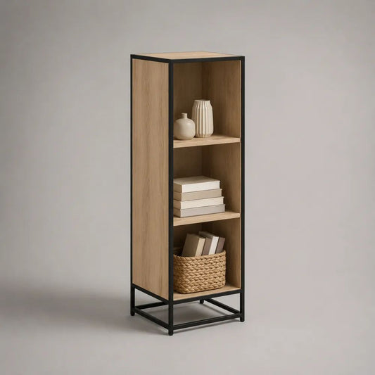Libreria a colonna in legno e acciaio con 3 vani, rovere naturale e nero, 40 × 35 × 120 cm