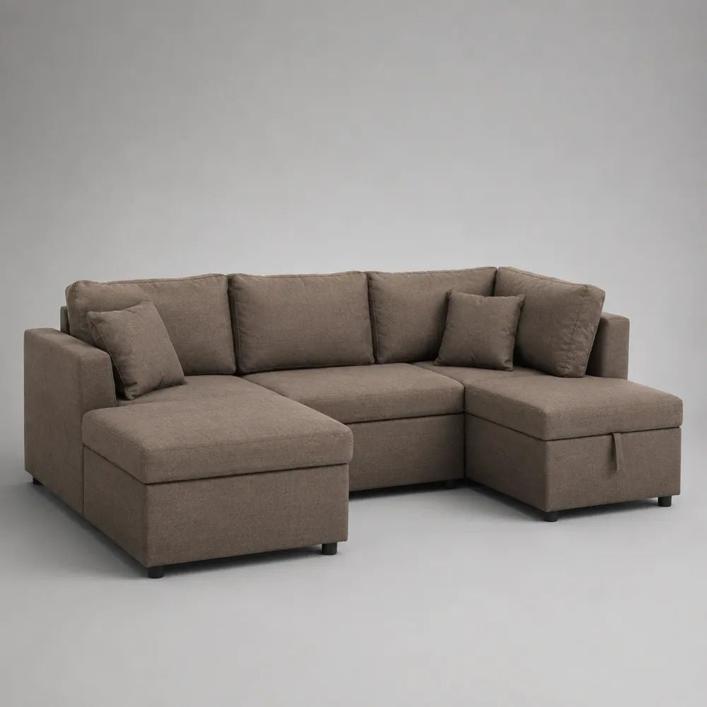 Divano angolare a U 4 posti in tessuto tortora con doppia chaise longue, 260 x 160 x 85 cm