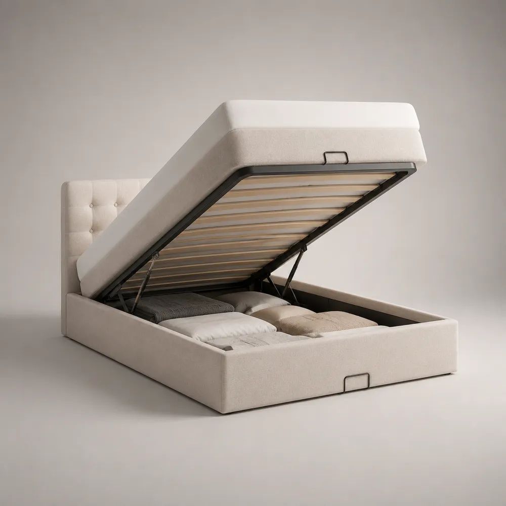 Letto matrimoniale contenitore imbottito in tessuto crema con rete a doghe, 160 × 200 cm