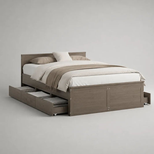 Letto matrimoniale contenitore 160 x 200 cm con 6 cassetti, struttura in pannello truciolare marrone grigiastro, 216 x 169 x 105 cm
