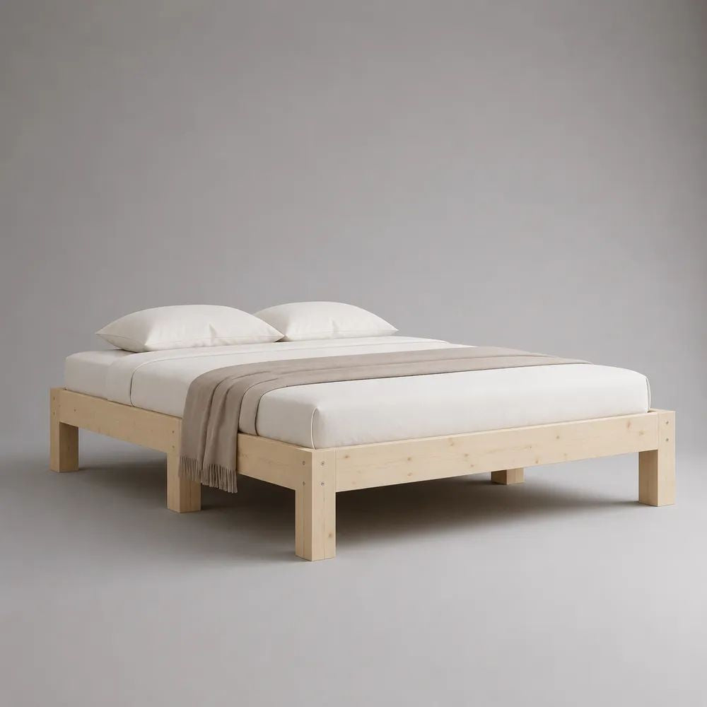 Struttura letto matrimoniale in pino massello naturale con rete a doghe, materasso 160 x 200 cm, dimensioni 166 x 206 x 35 cm