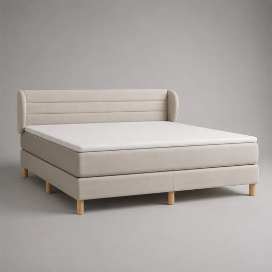 Letto matrimoniale boxspring imbottito beige 180 x 215 x 105 cm, piano di riposo 160 x 200 cm, con materasso, sovramaterasso e testiera