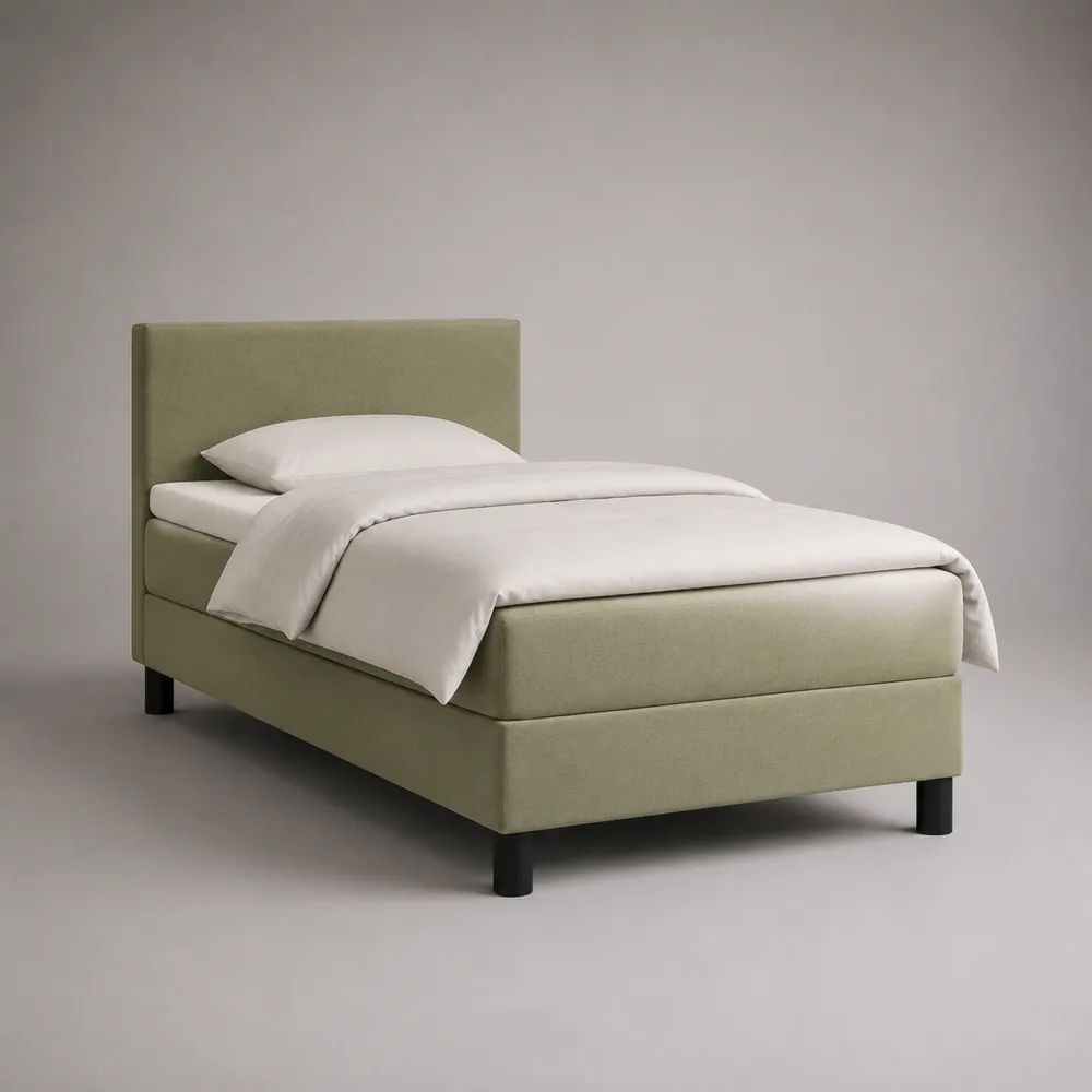 Letto singolo imbottito in tessuto verde salvia con materasso 90 x 200 cm e piedini neri, 100 x 210 x 110 cm