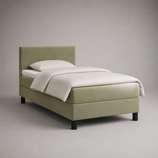 Letto singolo imbottito in tessuto verde salvia con materasso 90 x 200 cm e piedini neri, 100 x 210 x 110 cm