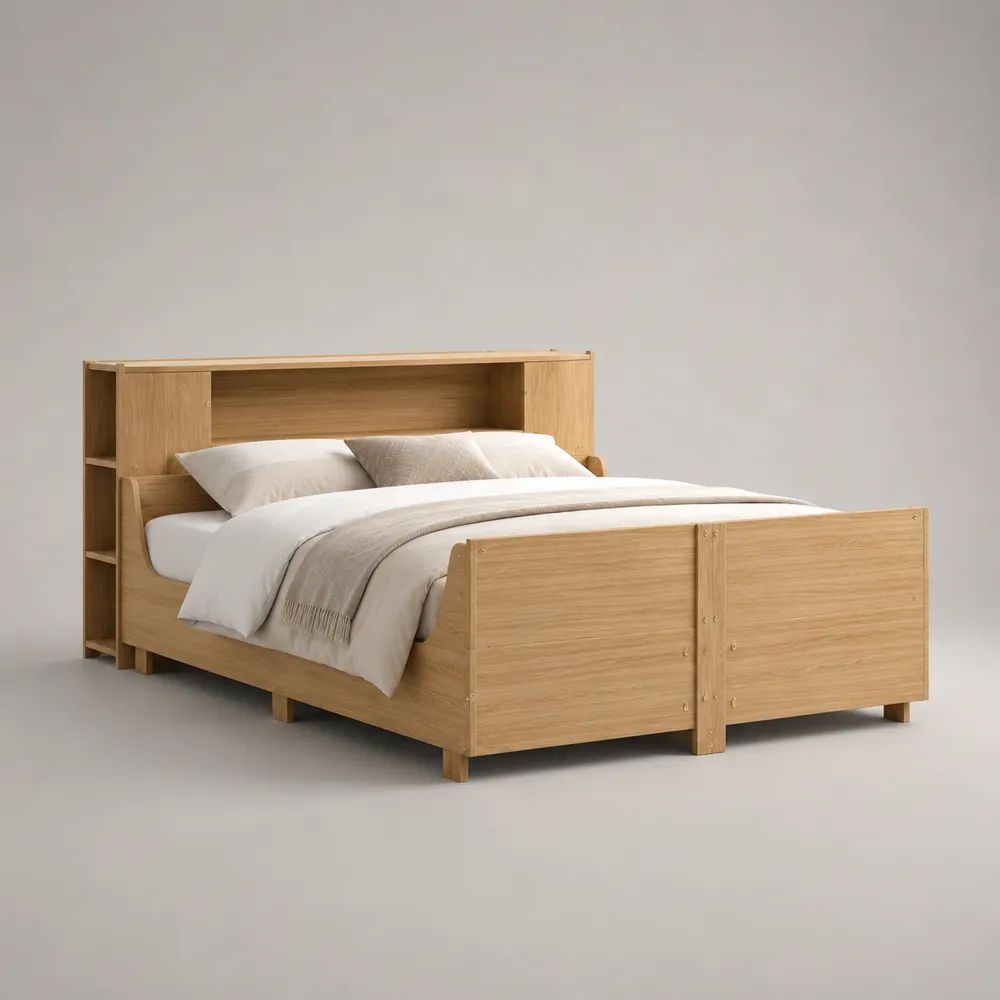 Letto matrimoniale in legno 160 x 200 cm con testiera libreria, 218 x 176 x 120 cm, marrone chiaro naturale