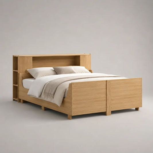Letto matrimoniale in legno 160 x 200 cm con testiera libreria, 218 x 176 x 120 cm, marrone chiaro naturale