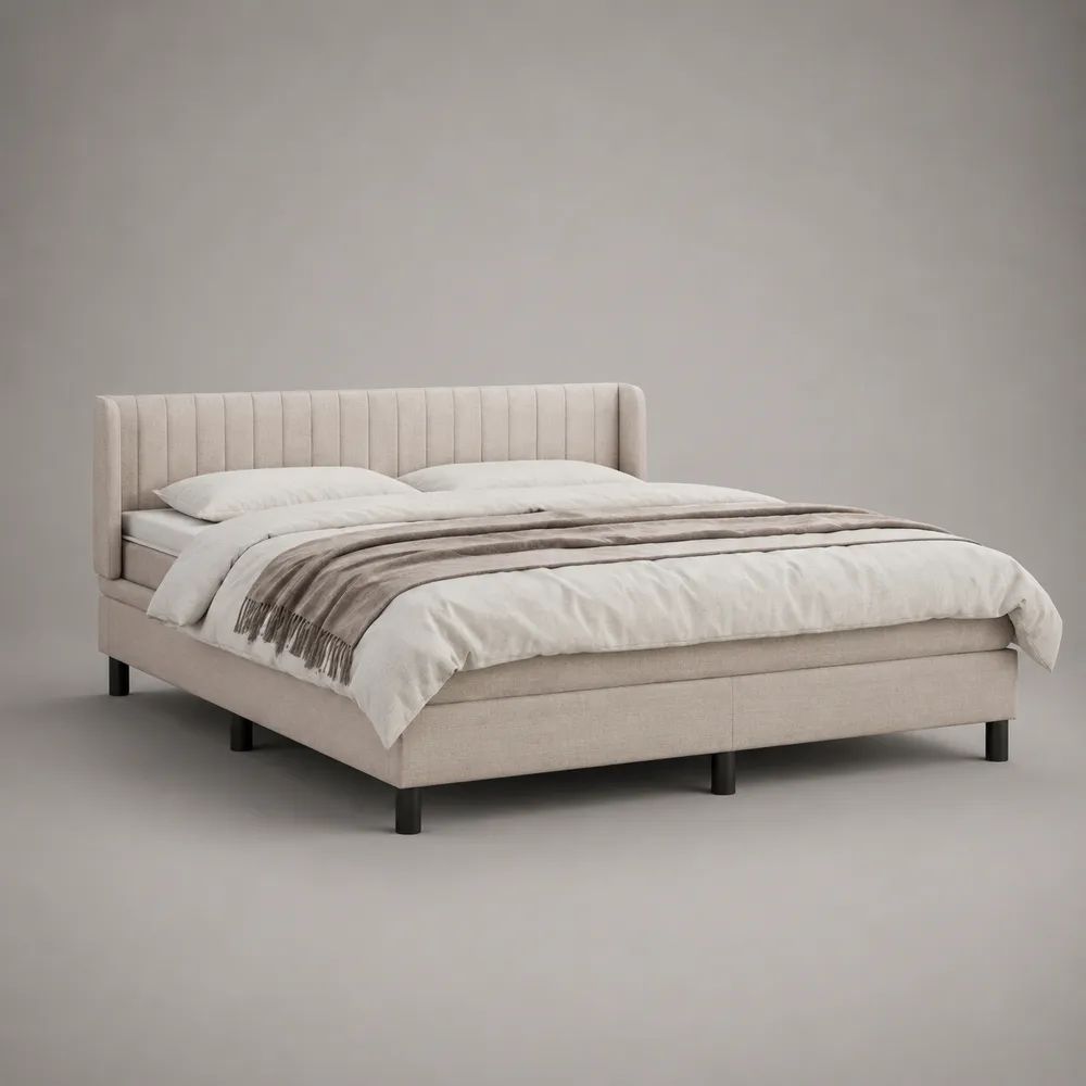 Letto matrimoniale imbottito 180 x 200 cm in poliestere beige con testiera scanalata, 220 x 198 x 105 cm