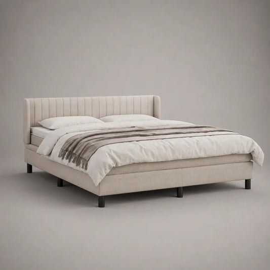Letto matrimoniale imbottito 180 x 200 cm in poliestere beige con testiera scanalata, 220 x 198 x 105 cm