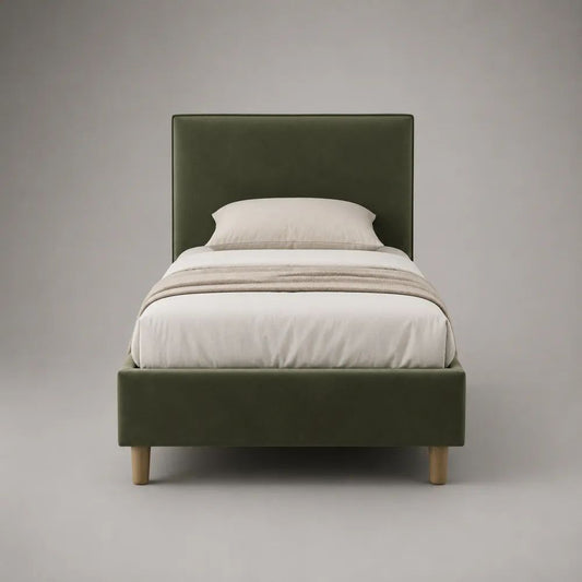 Letto singolo imbottito verde oliva con rete a doghe, 100 x 210 x 120 cm, per materasso 90 x 200 cm