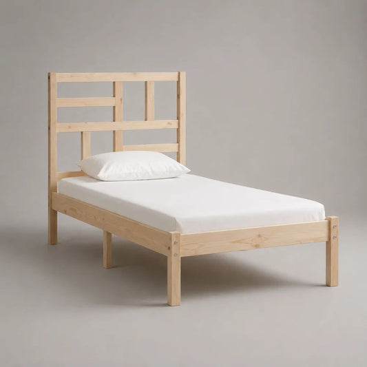 Letto singolo in legno con testiera, beige naturale, 98 x 207 x 150 cm, per materasso 90 x 200 cm