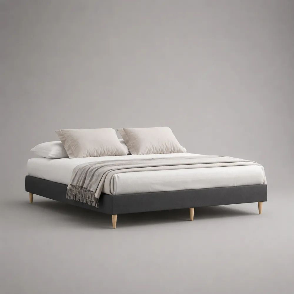 Letto matrimoniale imbottito grigio scuro 168 × 208 × 35 cm, per materasso 160 × 200 cm, con rete a doghe e gambe in legno
