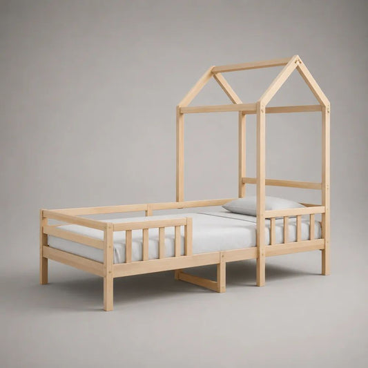 Letto a casetta per bambini 90 x 190 cm in legno massello naturale con rete a doghe e sponde