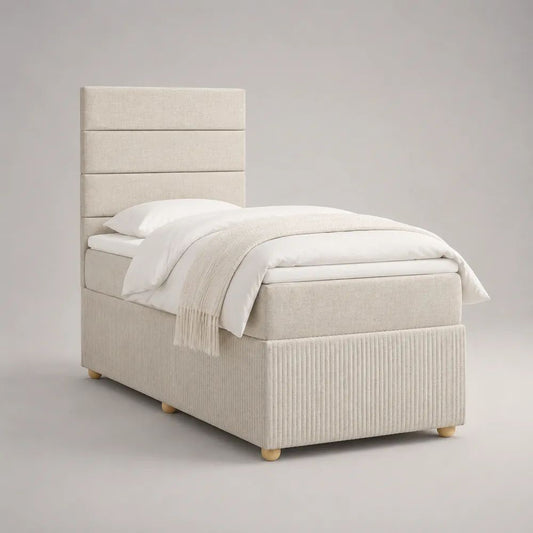 Letto singolo imbottito beige chiaro con testiera a pannelli, 100 x 210 x 140 cm, per materasso 90 x 200 cm