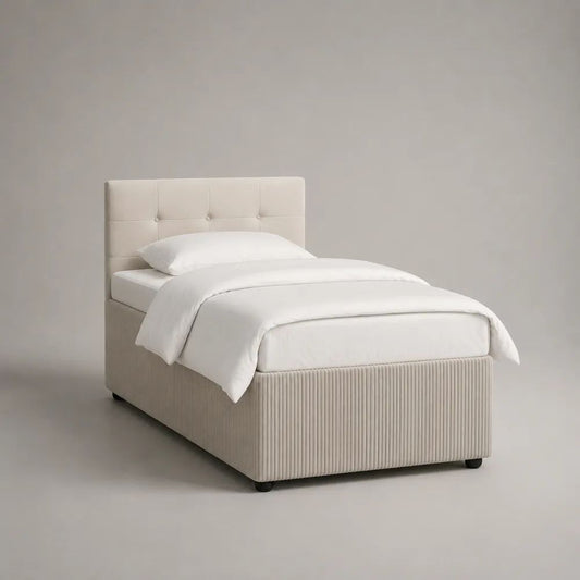 Letto singolo imbottito beige 90 x 200 cm con testiera capitonné e rivestimento in tessuto a coste