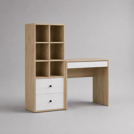Scrivania rettangolare con libreria integrata a 6 vani e 3 cassetti in pannello truciolare melaminico, rovere chiaro e bianco, 120 x 50 x 150 cm