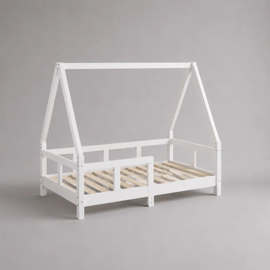 Letto a casetta per bambini 90 x 190 cm in legno massiccio bianco con rete a doghe e sponda