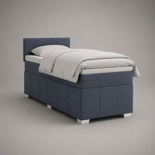 Letto boxspring singolo 90 x 200 cm con materasso, testiera imbottita e rivestimento in tessuto blu