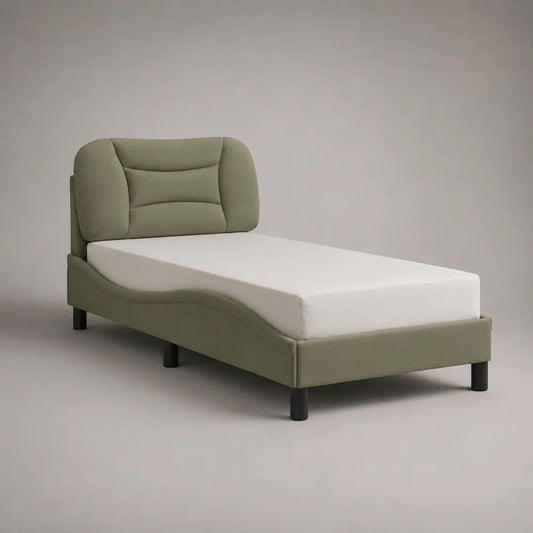 Letto singolo imbottito in tessuto verde oliva per materasso 90 x 200 cm, 105 x 215 x 105 cm