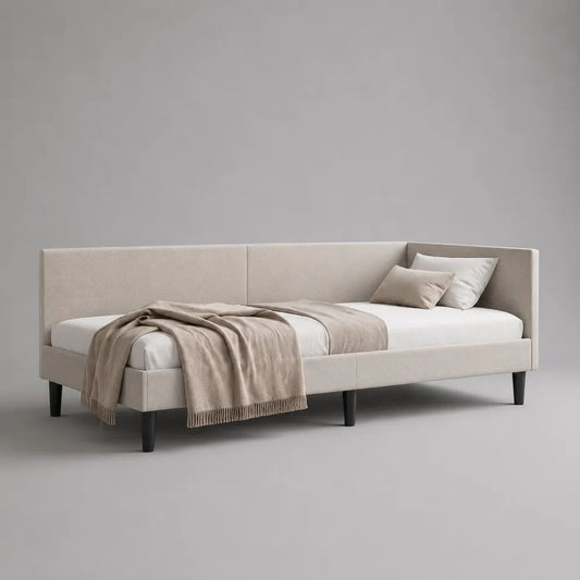 Letto singolo imbottito in tessuto bouclé beige con testiera e sponde, materasso 90 x 200 cm, dimensioni 213 x 101 x 88 cm