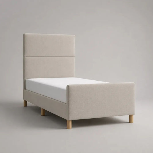 Letto singolo imbottito in tessuto beige 90 x 200 cm con struttura in legno e piedini color legno naturale