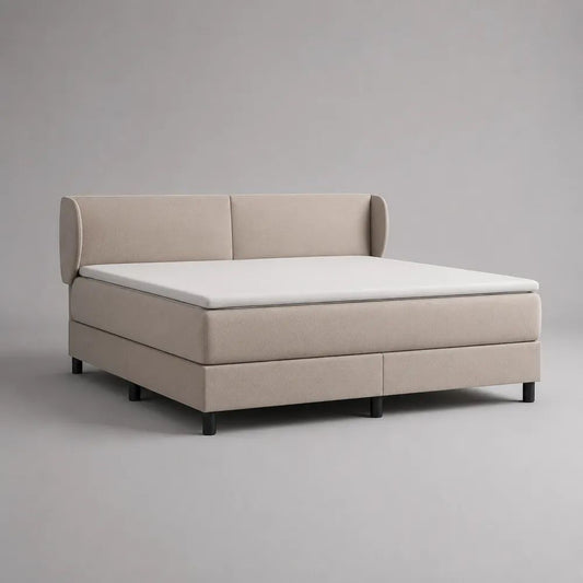 Letto continentale matrimoniale in tessuto beige 180 x 200 cm con testiera, materasso e topper