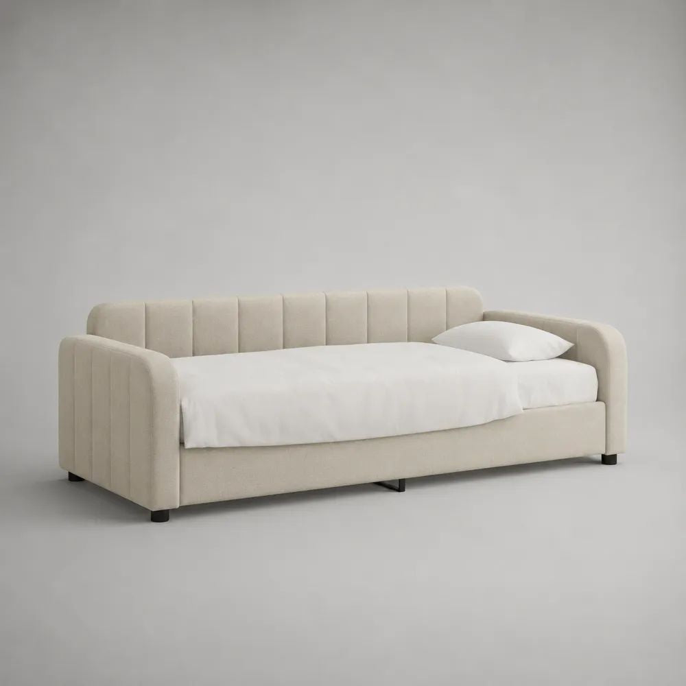 Letto singolo imbottito in legno con rivestimento bouclé crema, sponde laterali e schienale, superficie 90 x 200 cm, dimensioni 220 x 105 x 82 cm