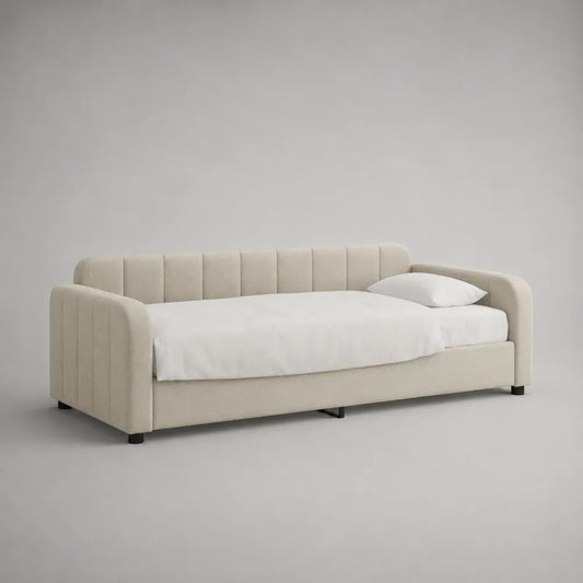Letto singolo imbottito in legno con rivestimento bouclé crema, sponde laterali e schienale, superficie 90 x 200 cm, dimensioni 220 x 105 x 82 cm