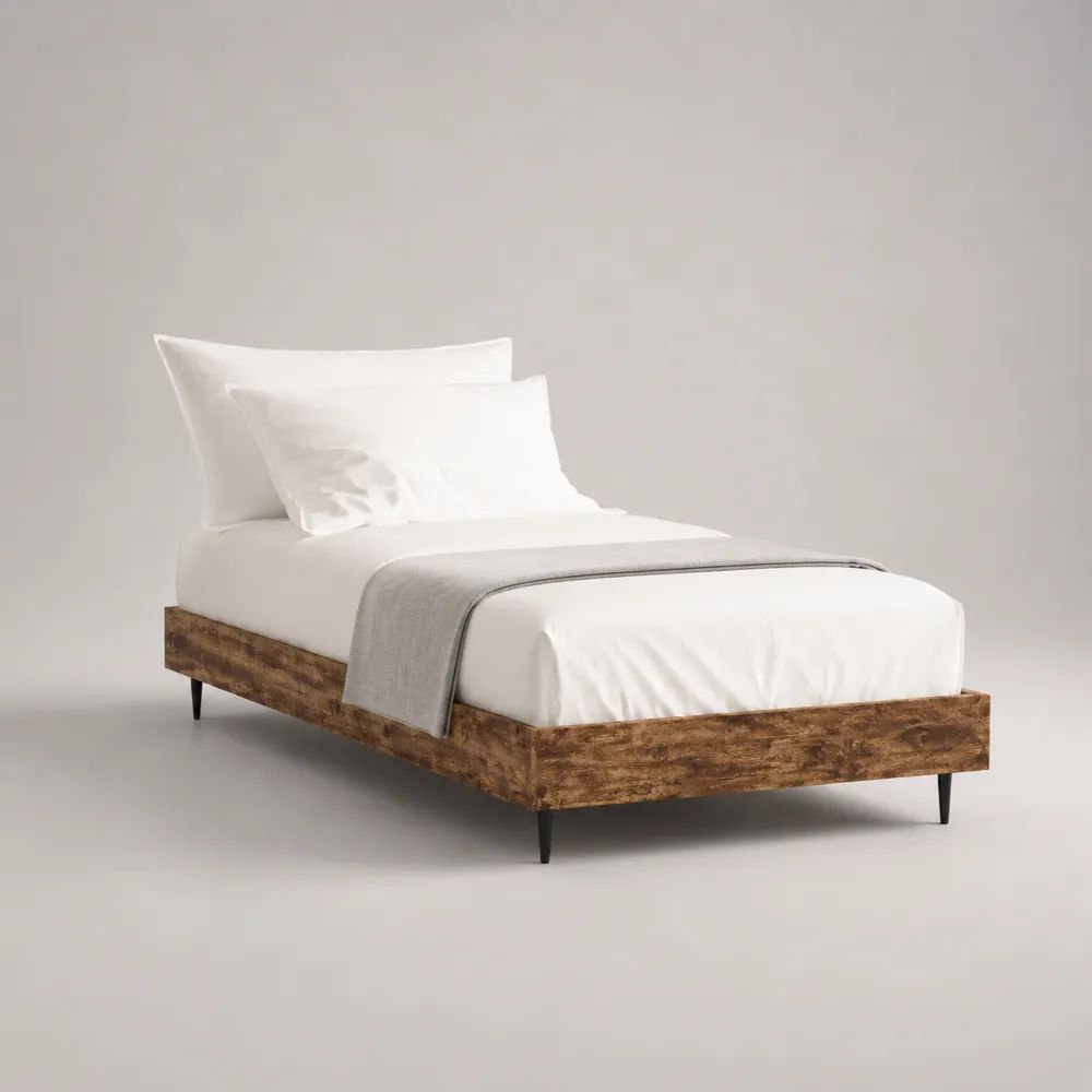 Struttura letto una piazza e mezza 120 x 200 cm in legno marrone con rete a doghe e gambe in acciaio nero, 126 x 206 x 33 cm