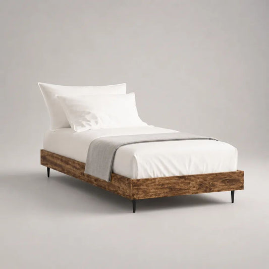 Struttura letto una piazza e mezza 120 x 200 cm in legno marrone con rete a doghe e gambe in acciaio nero, 126 x 206 x 33 cm